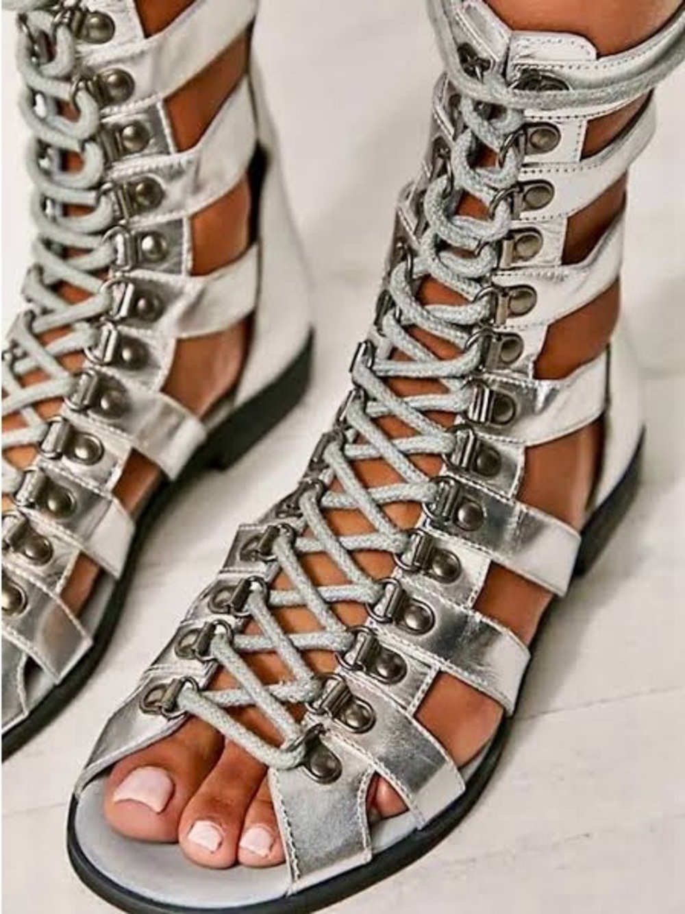 Free People Hacienda Gladiator Sandal Silver Metallic Lace Up $178 EU 37, US 7